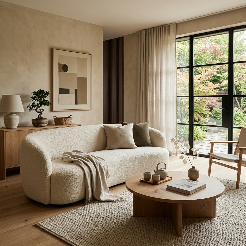 Warm, naturally lit living room styled with Rest Well furniture