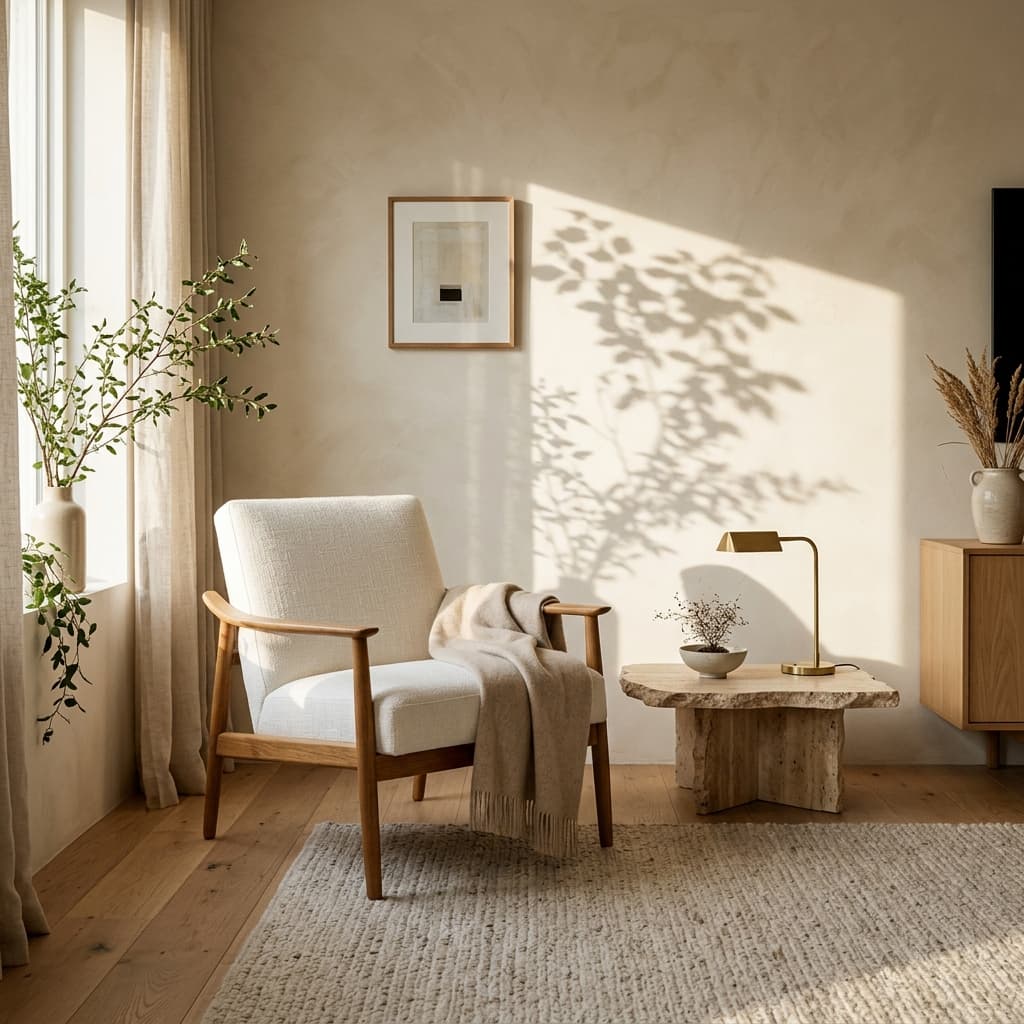 Bouclé armchair in a warm, naturally lit living room