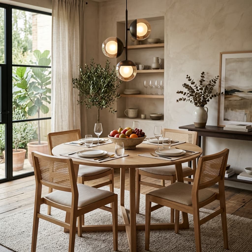 Warm, naturally lit dining room styled with Rest Well furniture