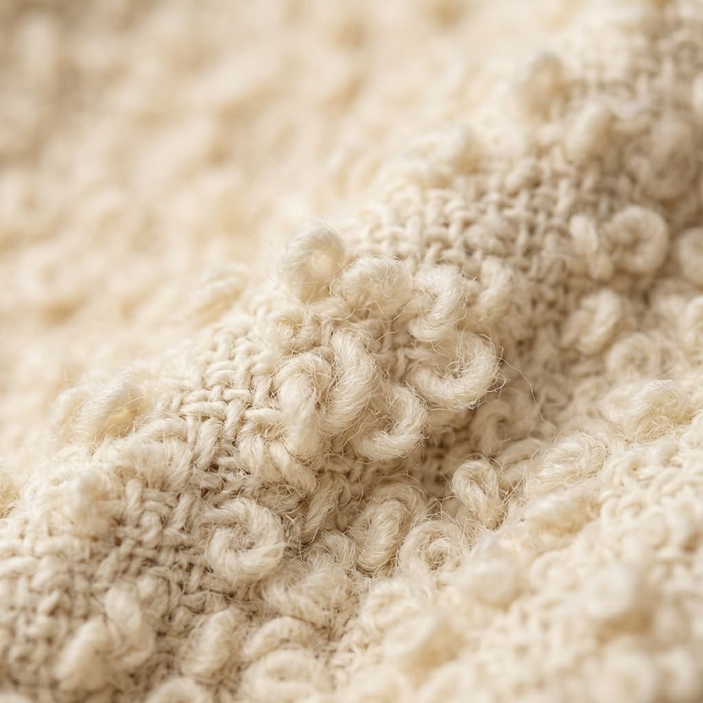 Close-up of ivory bouclé wool texture