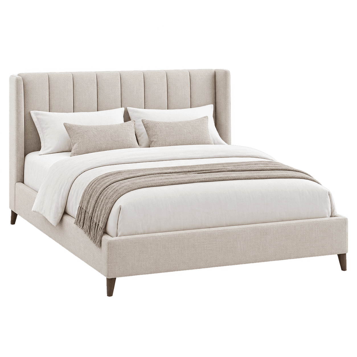 Upholstered platform bed with channel headboard and cream bedding