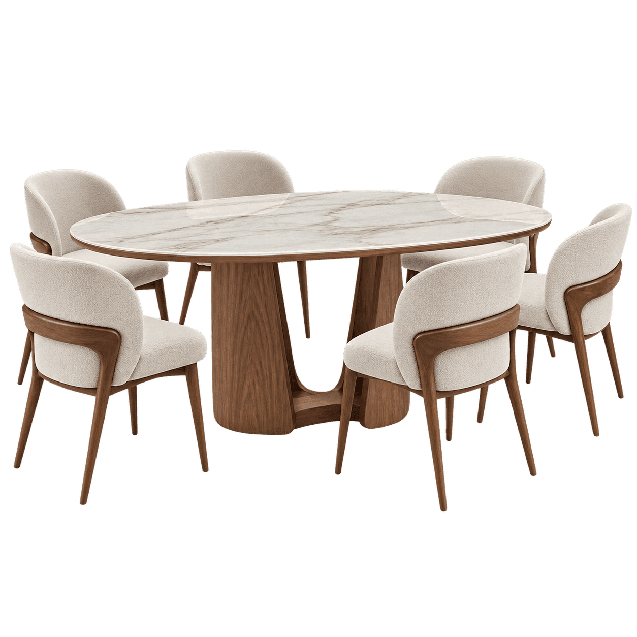 Oval marble dining table with cream bouclé chairs