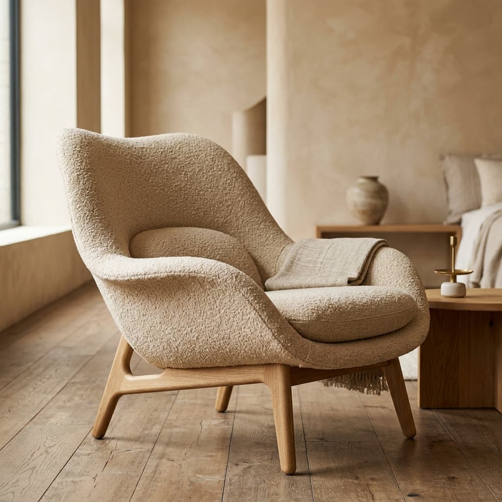 Bouclé accent chair with oak legs