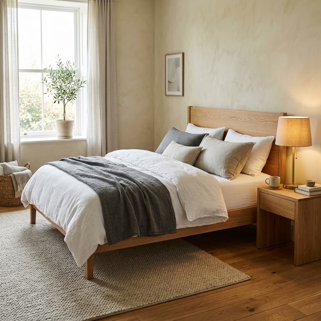 Oak bedroom with linen bedding, nightstand, and soft natural light