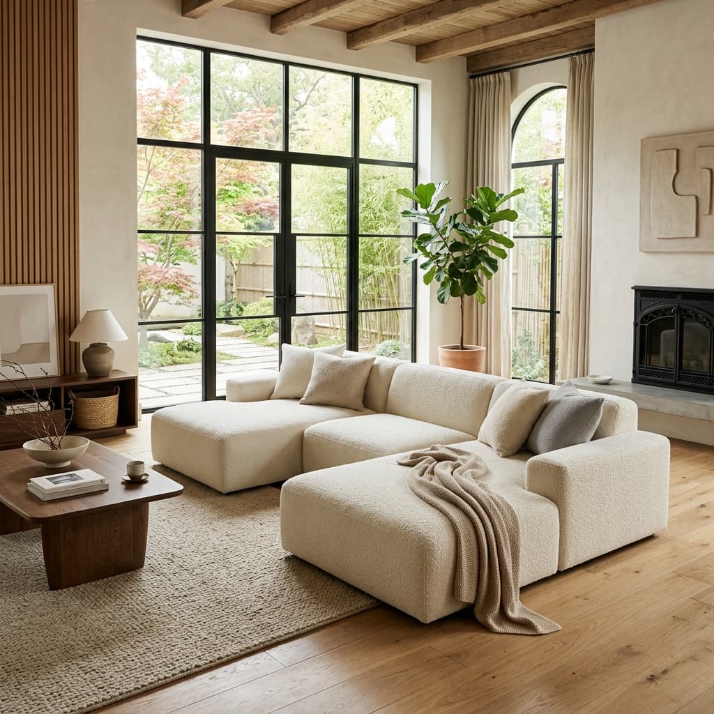 Cream bouclé modular sectional sofa in a living room