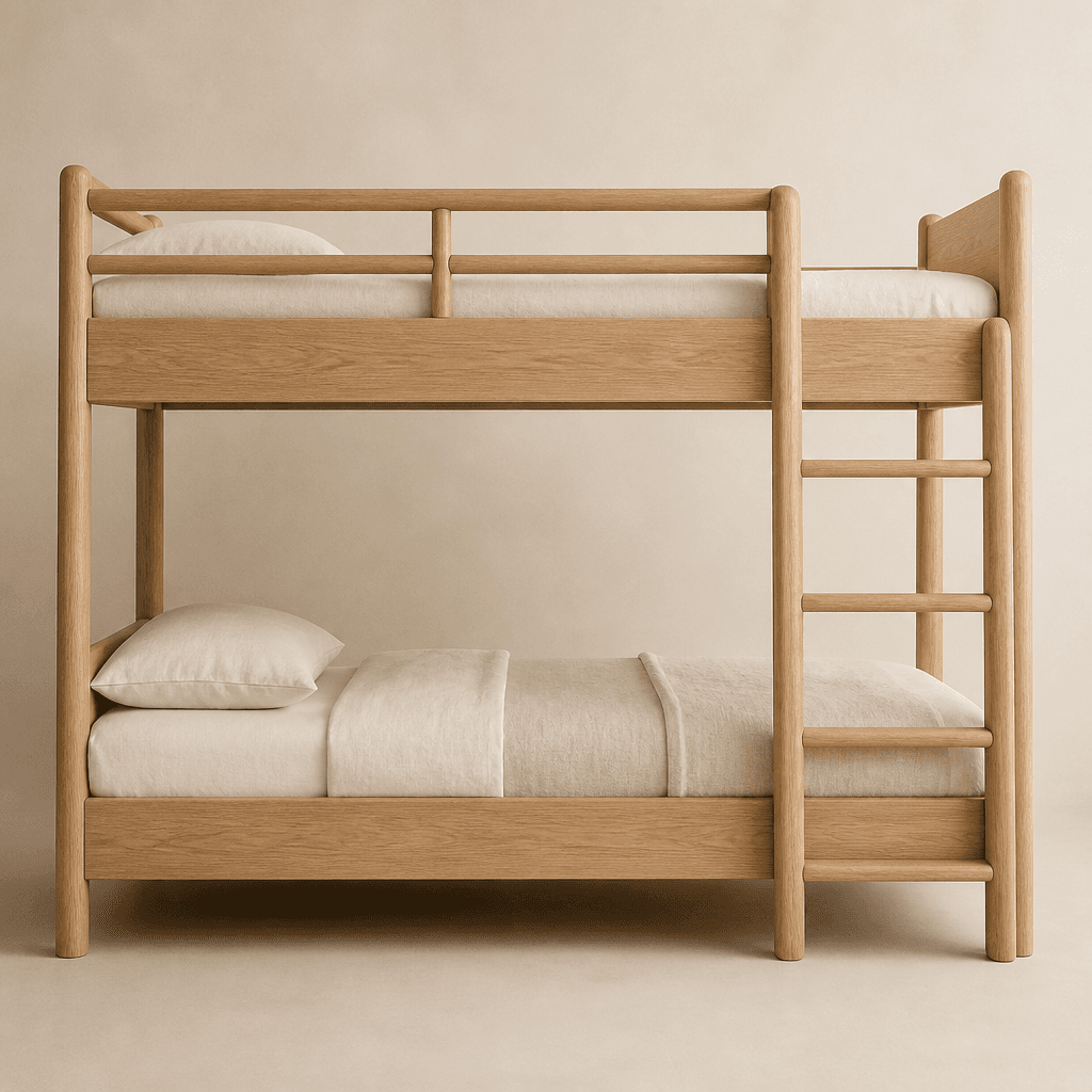 Light oak kids bunk bed with safety rails and cream bedding