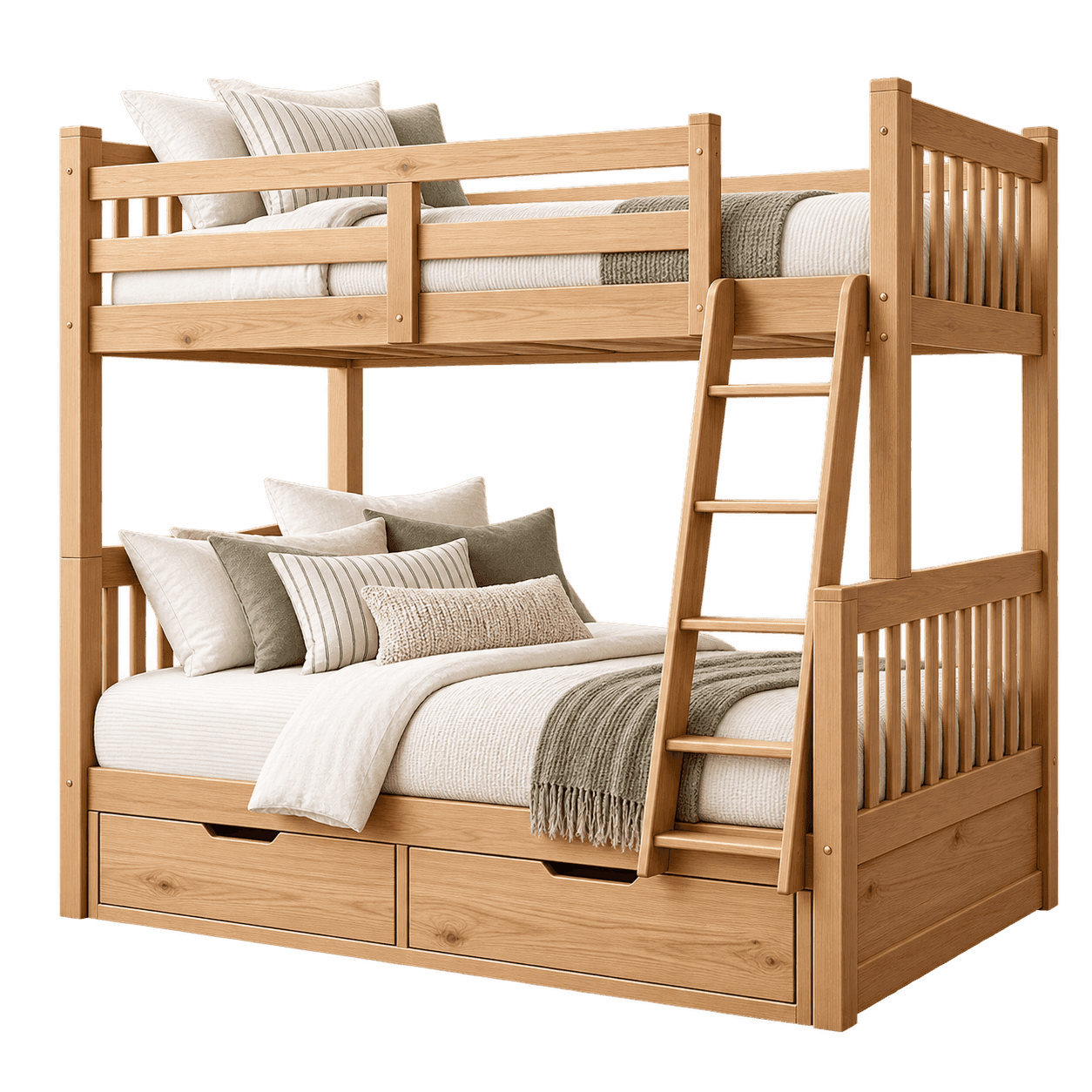 Light wood kids bunk bed with ladder, rails, and storage drawers