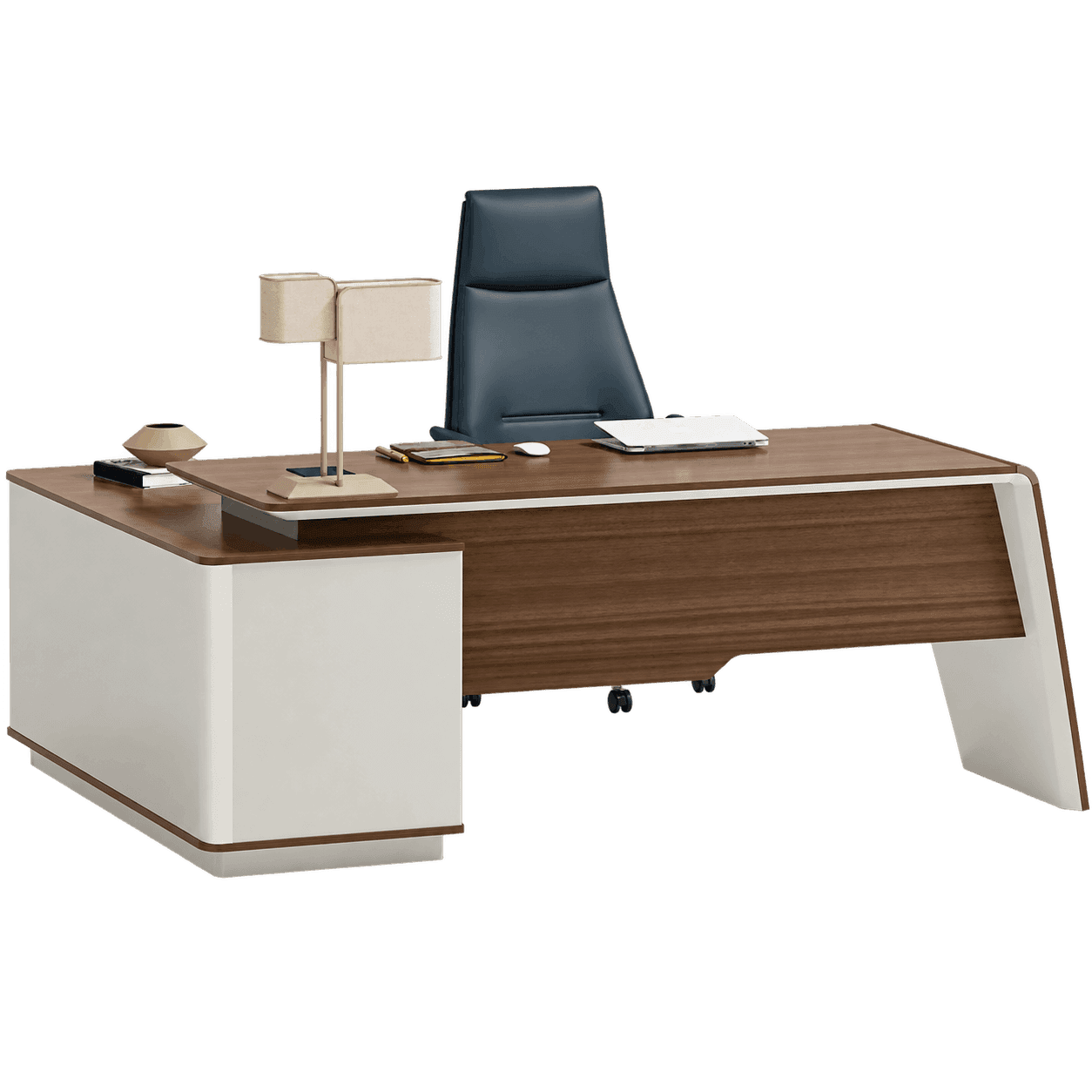 L-shaped dark wood office desk with cream pedestal