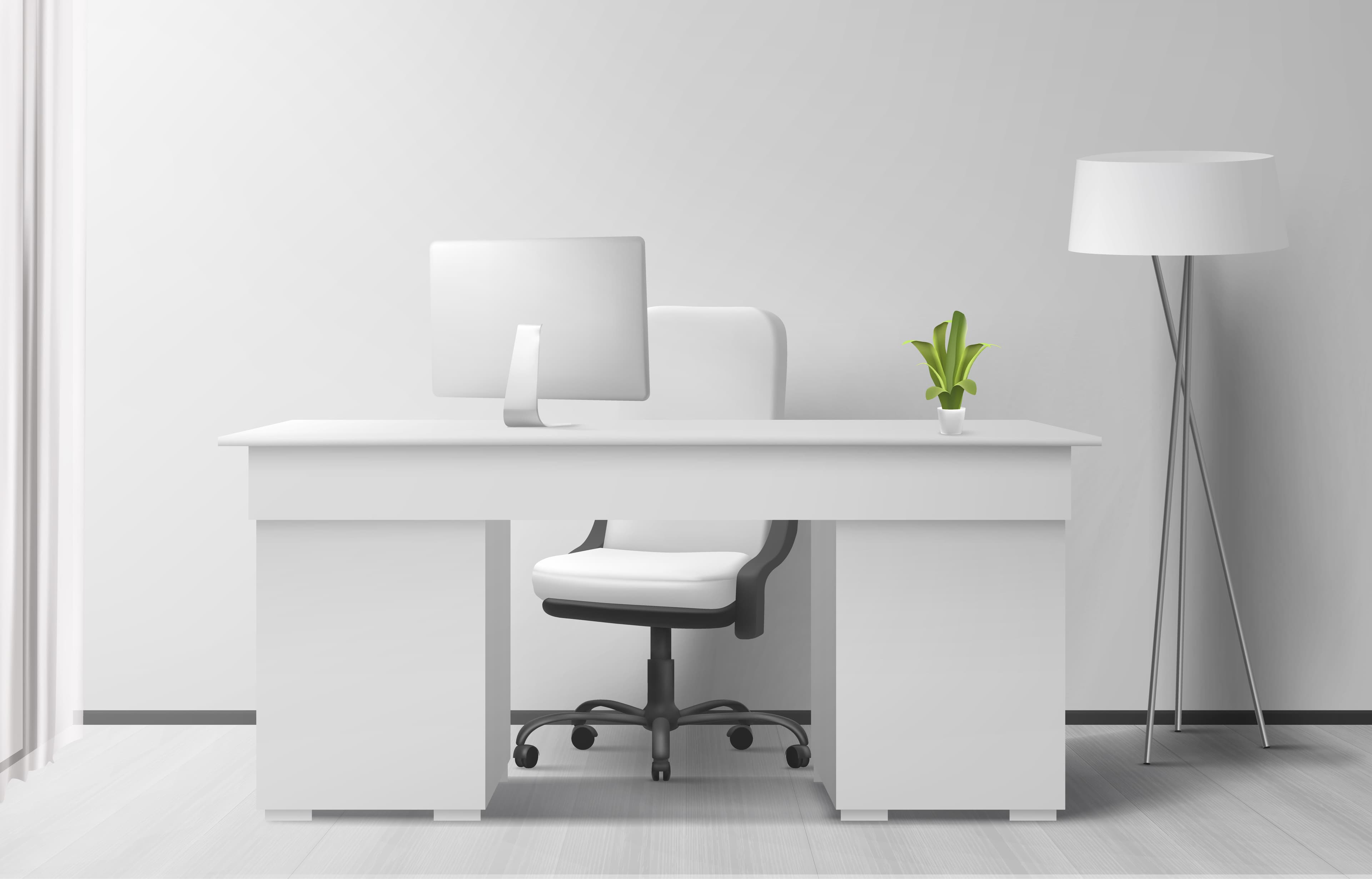 Minimal white office desk with chair and soft natural light